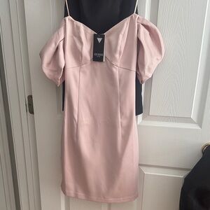 GUESS Blush Pink Mini Dress off the shoulder Satin Carrie XS